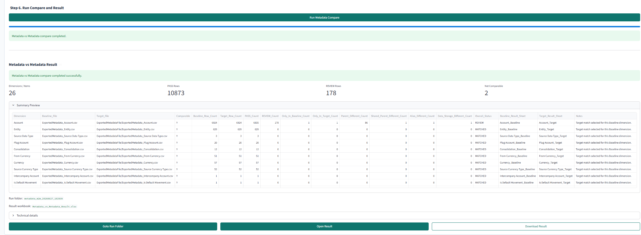 EPM Vitals metadata compare result screen showing pass rows, review rows, and dimension comparison details.